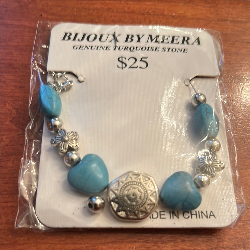 Bijoux By Meera genuine turquoise stone necklace blue silver beads boho